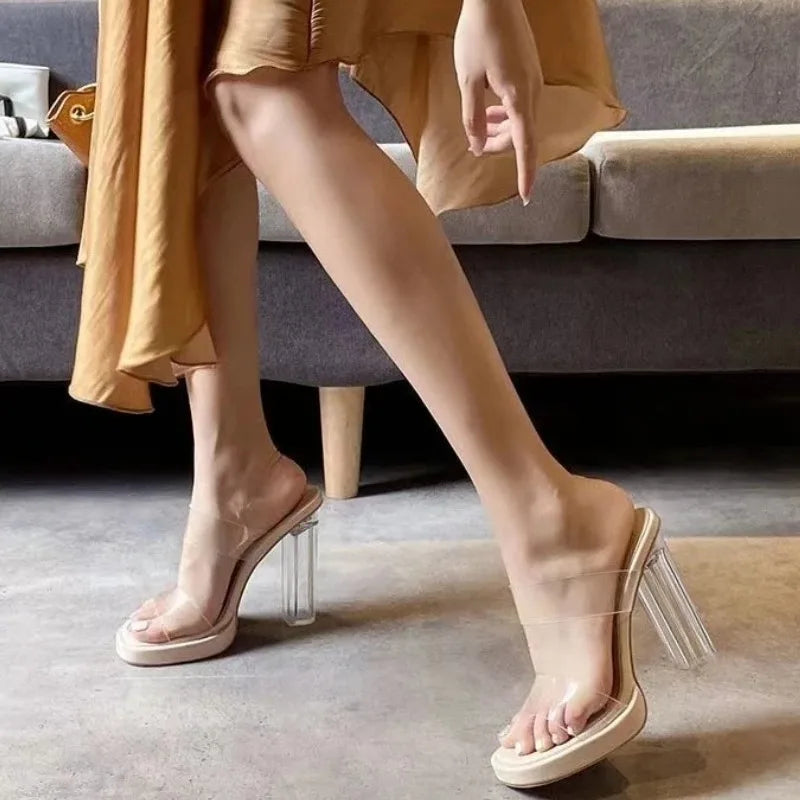 Women's Transparent High Heels 2026 Summer Fashion Thick-Heeled Sandals Comfortable Casual Open-Toe Fish Mouth Sexy Slippers