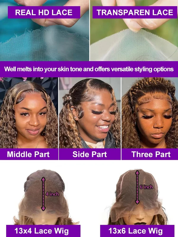 250 Density Highlight Ombre 13x6 Curly Real Human Hair Wigs 30 38 Inch Brazilian 4/27 Colored Deep Wave 13x4 Lace Frontal Wigs