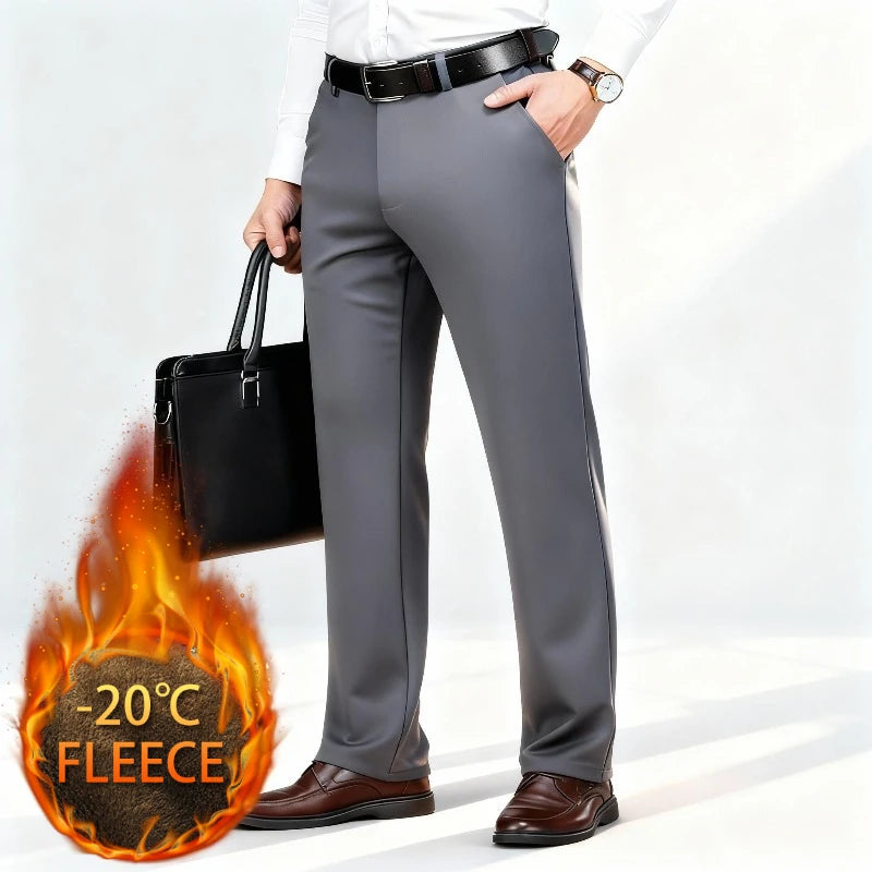 Winter Fleece Warm Business Formal Pants Men Classic Work Office Grey Elastic Waist Suit Thicked Thermal Trousers Plus