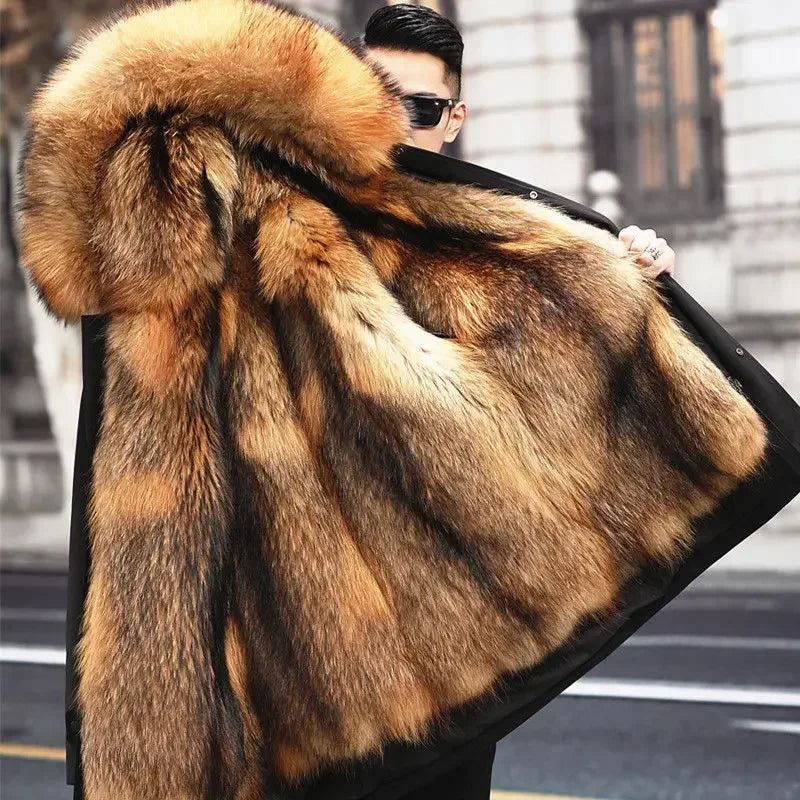 Fur Coat Detachable Hooded Keep Warm Jacket Parka Men Whole Mink Liner Winter New Fur Coat Mink-like Wool Mid-Length Leather