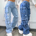 New 2026 Fashion Pure Color Casual Workwear Denim High Waist Multi Pocket Loose Fit Women's Jeans Versatile plus Size