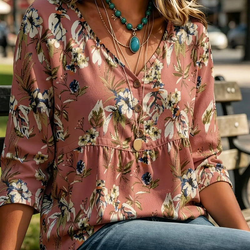 V Neck 3/4 Sleeve Babydoll Blouse Women Colorful Floral Peplum Top Casual Loose Chiffon Shirt for Daily Outdoor Park Wear