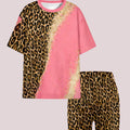 Pink leopard print patchwork casual T - shirt and shorts - View 4 | SAMAG