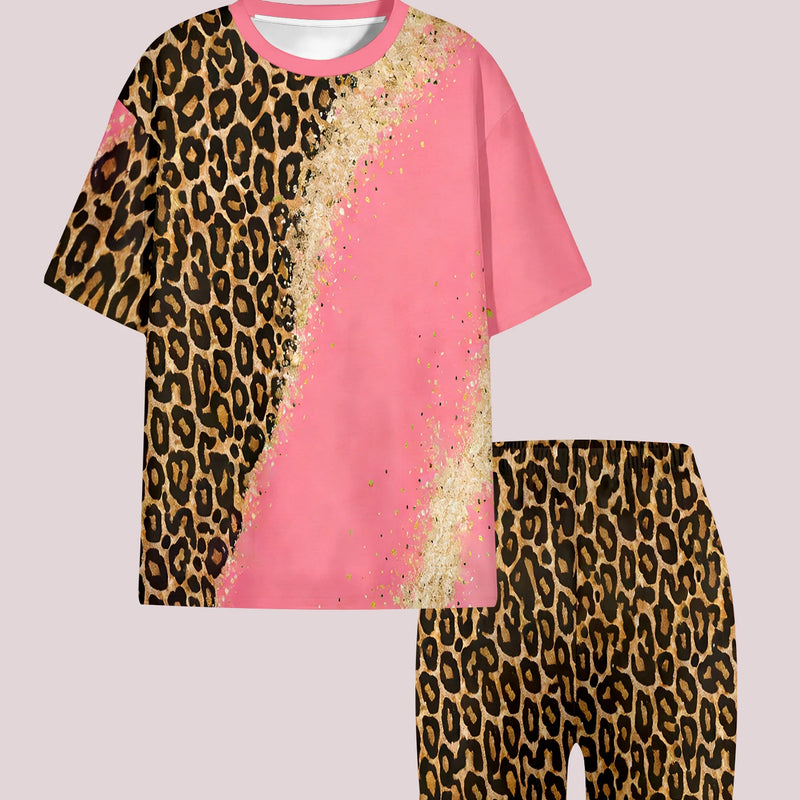 Pink leopard print patchwork casual T - shirt and shorts - View 4 | SAMAG