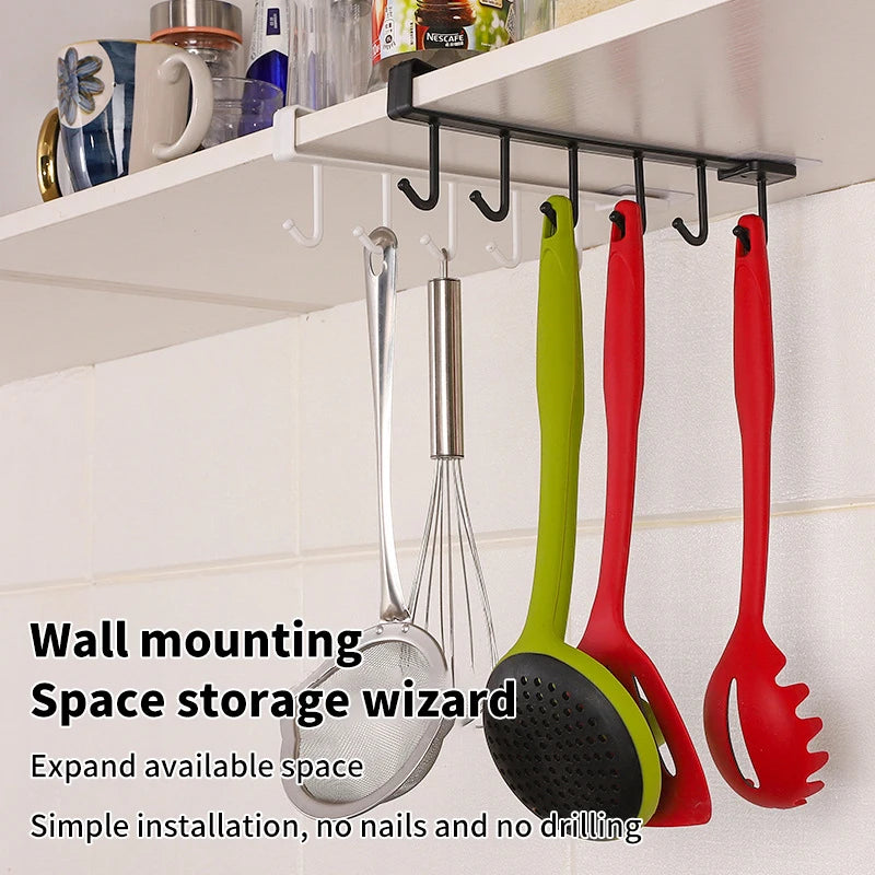 6 Hooks Storage Shelf Plastic Under Shelves Hanging Rack Utensils Holder Wardrobe Kitchen Bathroom Organizer - View 3 | SAMAG