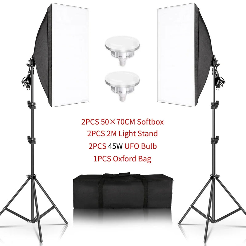 SH 2Pcs 50x70cm Photo Studio Kit With Softbox LED Bulbs Light Tripod for YouTube, Tiktok, Studio Portraits, Photography