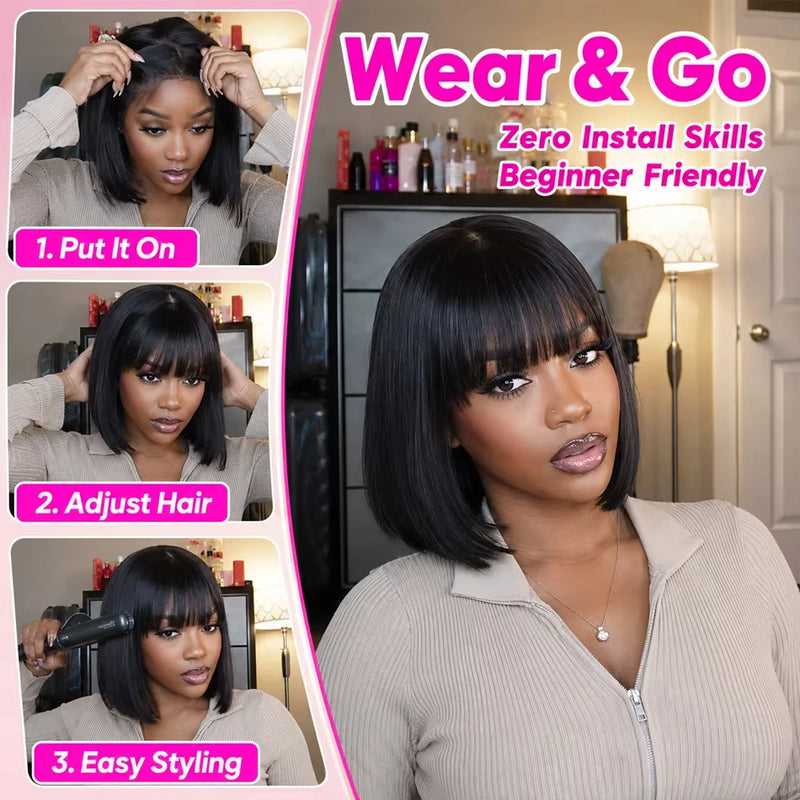 Straight Bob 100% Human Hair Wigs With Bangs 3X2 Middle Part Lace Wig 300 Density Natural Black Short Bob Fringe Wigs For Women