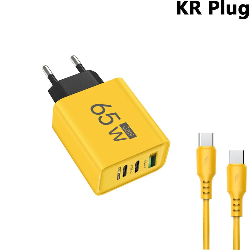 65W 3 Ports GaN USB PD Charger Fast Charging Type C Mobile Phone Adapter Quick Charger 3.0 For iPhone 15 Samsung Xiaomi Huawei