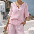 Summer Cotton Linen Casual Short-sleeved Tops Women's Suit New Fashion Female Beach Vacation 5 Point Straight Shorts 2piece Set