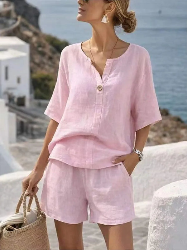 Summer Cotton Linen Casual Short-sleeved Tops Women's Suit New Fashion Female Beach Vacation 5 Point Straight Shorts 2piece Set