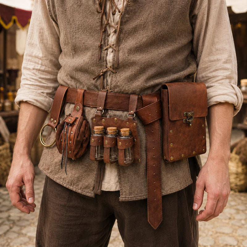 5Pcs/Set Medieval Leather Belt Waist Bag Renaissance Steampunk Vintage Waist Pack Cosplay Halloween Costume Accessories Set ﻿