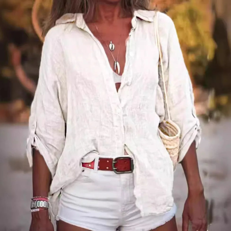 Women's Loose Fit Solid Color Long Sleeve Buttoned Blouse - View 2 | SAMAG