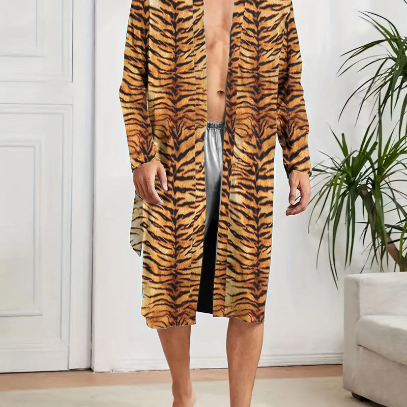Men's Robes New Personalized Tiger Skin Patterned Men's Nightgown for Home Skin Friendly Thin Quick Drying Loose Fitting Pajamas