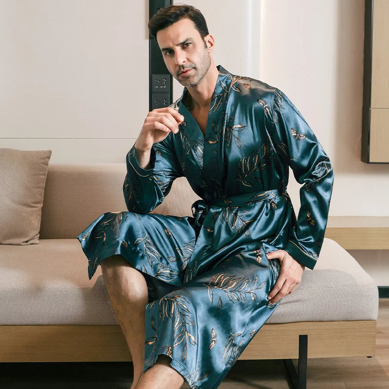 Pajama men's spring and autumn silk thin style oversized pajamas long sleeved bathrobes ice silk bathrobes home clothing summer