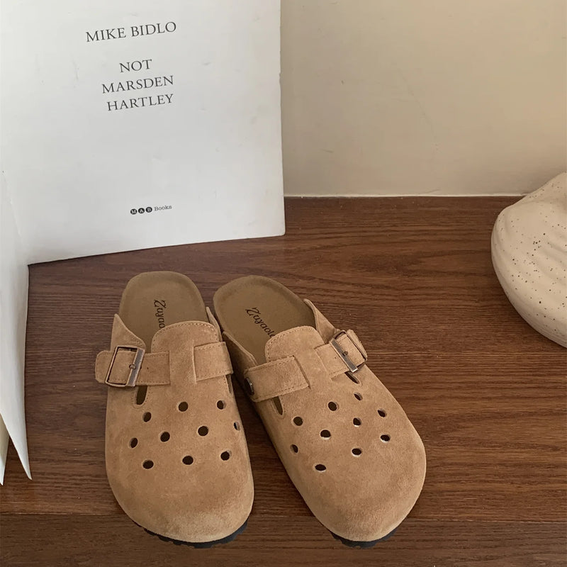Women's Suede Clogs with Adjustable Strap Fashion Cork Footbed Genuine Leather Mules Outdoof New Slip on Potato Shoes