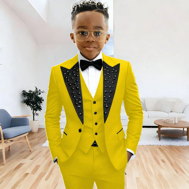 Black Suit for Boys Evening Party Tuxedo Kids Wedding Beaded Crystals Suit 3 Piece Boy Suit Jacket Pants Vest Formal Prom Dress