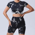 Women's Tie Dye Gym Set, Seamless High Waist Booty Shorts and Short Sleeve Sports Top 2 Pcs Athletic Fitness Clothing