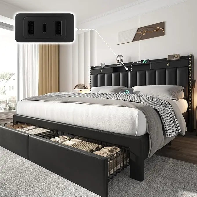 Queen Bed Frame with Headboard ＆ 4 Storage Drawers, Velvet Upholstered Platform Bed Frame Queen Size with 3 USB &, Customized