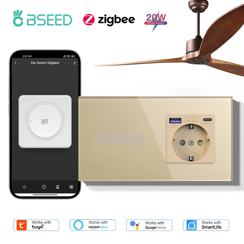 BSEED Zigbee Fans Switches Smart Wall Touch  Speed Control Switch With EU Socket Support Tuya Smart Life Alexa Voice Control