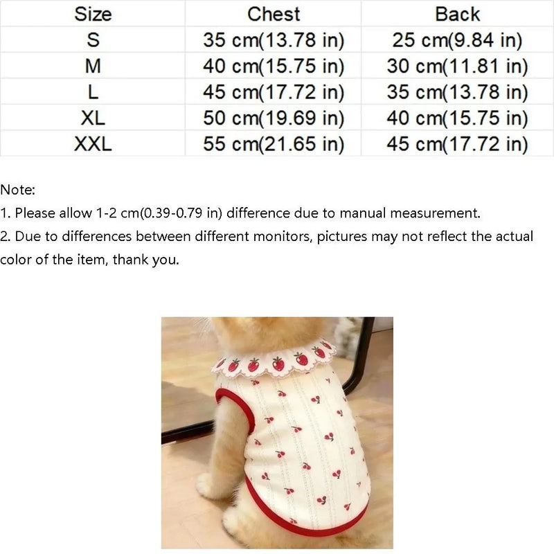 Fashion Ruffled Collar Cat Strawberry Vest Cherry Pattern Breathable Pet T-shirt Soft Thin Dogs Short Sleeve Daily Use