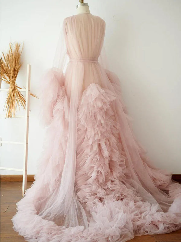 Women's Dressing Gown Perspective Sheer Long Tulle Robe Puffy Pregnancy Maternity Dress for Baby Shower Nightgown Sleepwear