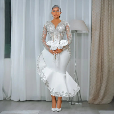 Customized African Long Sleeve Bride Dress Lace Beaded | SAMAG