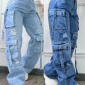 New 2026 Fashion Pure Color Casual Workwear Denim High Waist Multi Pocket Loose Fit Women's Jeans Versatile plus Size