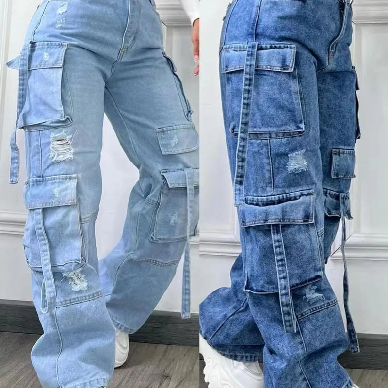 New 2026 Fashion Pure Color Casual Workwear Denim High Waist Multi Pocket Loose Fit Women's Jeans Versatile plus Size