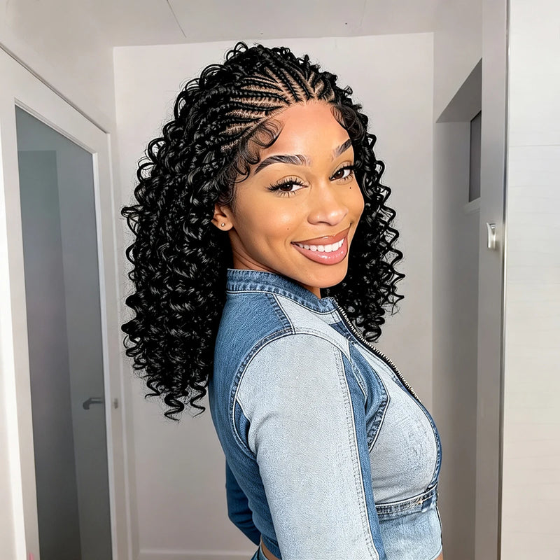 16inch African Braided Hair Wigs Synthetic 13x4 Lace Frontal Cornrow Braids Wig Short Braiding Wig  for Black Women