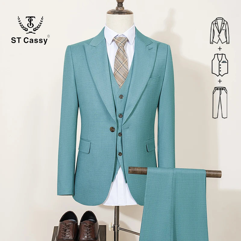 ST Cassy Summer Thin Version Men's Suit Green Slim Fit Formal Business Office Men's Suits（jacket+Vest+Pants）