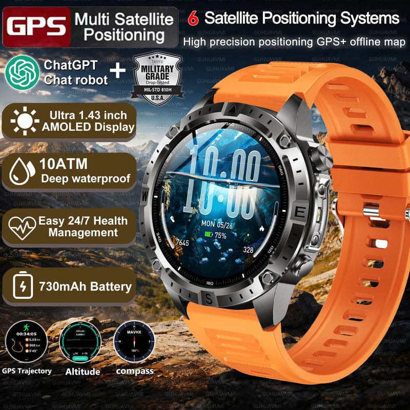 2026New Military Tank GPS SmartWatch Offline Map 10ATM Swim 2GB RAM Music Altitude Compass Bt Call Fitness Sports Smartwatch Men