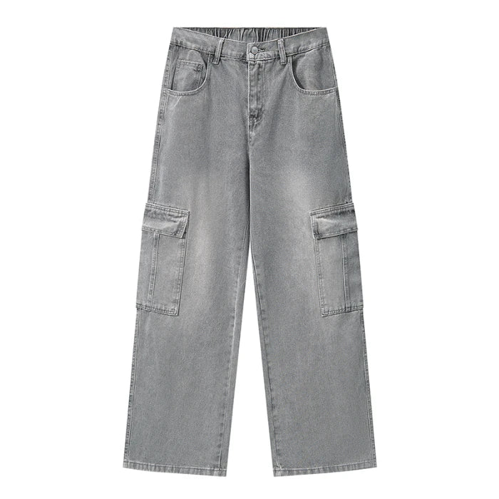 Men Vintage Wash Cargo Wide Leg Jeans Big Pockets | SAMAG