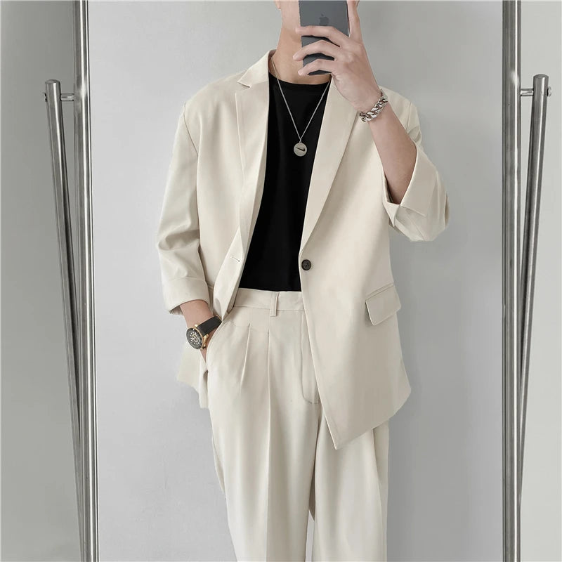 2022 Fashion Summer 2-piece Set Solid Color Single-breasted Casual Simple Student Wear Homme Loose Suits Wear (Blazers + Pants)