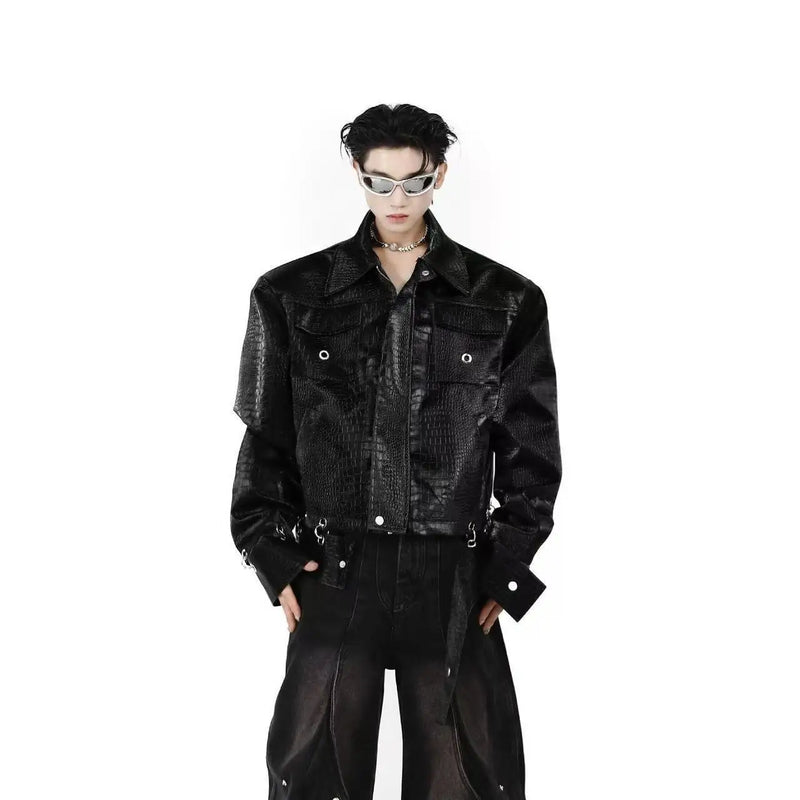 TIFICY Crocodile Patterned Shoulder Pad PU Leather Jacket Men's Patchwork Design High-end Black Jackets Top Men Clothing