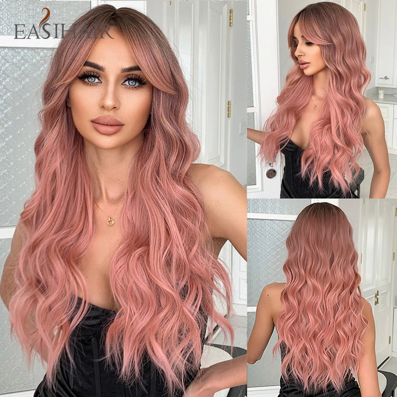 Long Blonde Ombre Brown Synthetic Wigs Water Wavy Platinum Wigs with Bang Hair Wig for Women Daily Cosplay Party Heat Resistant