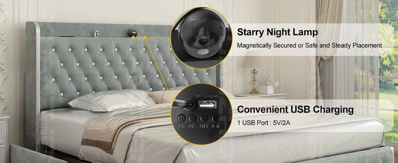 GEGOFORU Queen LED Bed Frame with Galaxy Projector, Bluetooth Speaker, USB Ports, 4 Drawers, No Box Spring Needed, PU Black