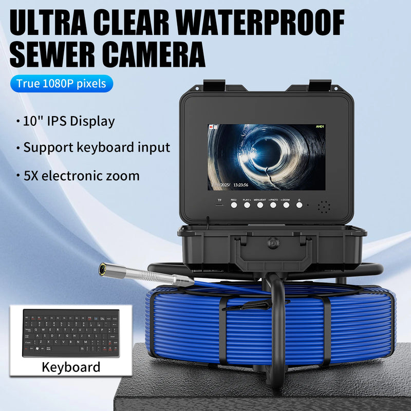 10.1" IPS Sewer Pipe Inspection Camera With Keyboard Meter Counter DVR 7mm Self-Leveling 512hz Locator AHD 1080P Sewer Endoscope