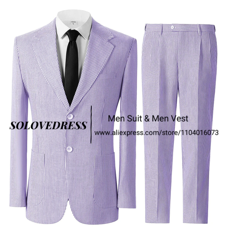 Men's Seersucker Striped Suits 2 Piece Slim Fit Summer Casual Pinstripe Suit for Men Wedding Grooms Blazer Jacket Pants Sets
