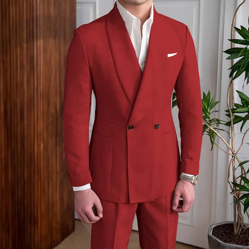 Men's Linen Suit 2-Piece Khaki Shawl Collar Double-Breasted Slim Fit Breathable Jacket and Pants Formal Set for Summer Business