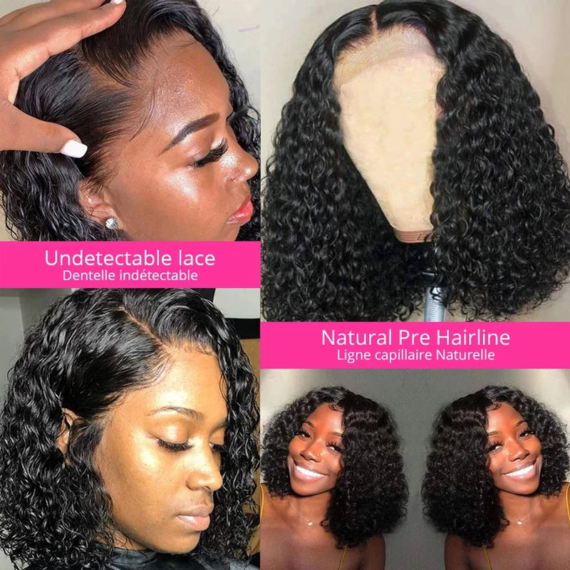 Sleek Brazilian Deep Curly Bob Wigs Nature Remy Black Dark Human Hair Bob Wigs Water Wave Lace Front Part P4/27 And Red 99J Wigs