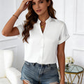 European Style Simple V-Neck Blouse for Women - Summer Short-Sleeved Loose-Fitting Slimming Professional Business Shirt