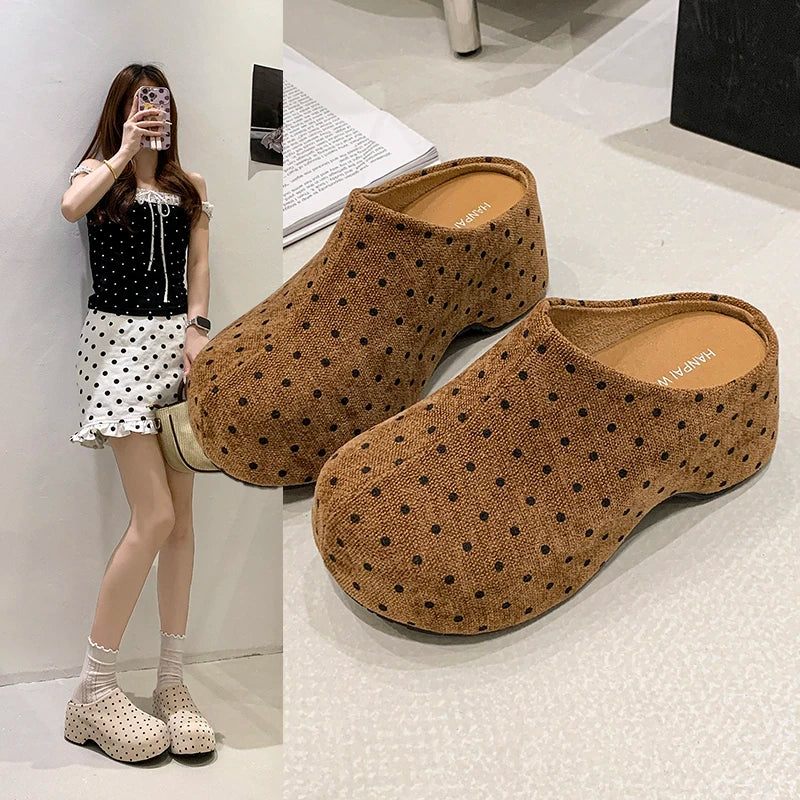 Women Polka Dot Platform Mules Closed Toe Slip On Wedge Clogs Casual Outdoor Slippers Beige Black Brown Three Trendy Shades