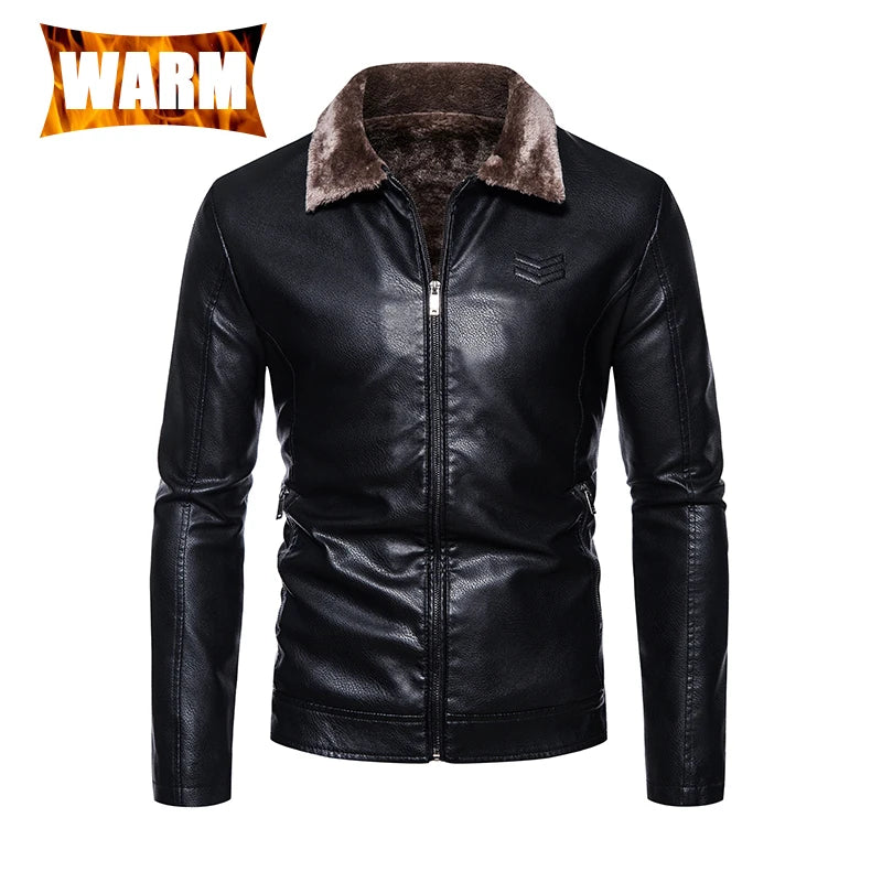 Faux Fur Faux Leather Men Jacket Thickened Plush Lining Warm PU Leather Jacket Brown Leather Jacket Winter Faux Fur Collar Coat