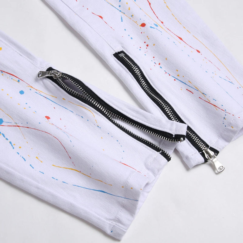 Men Painted Stretch Denim Jeans Zippers Buttons Fly Biker | SAMAG