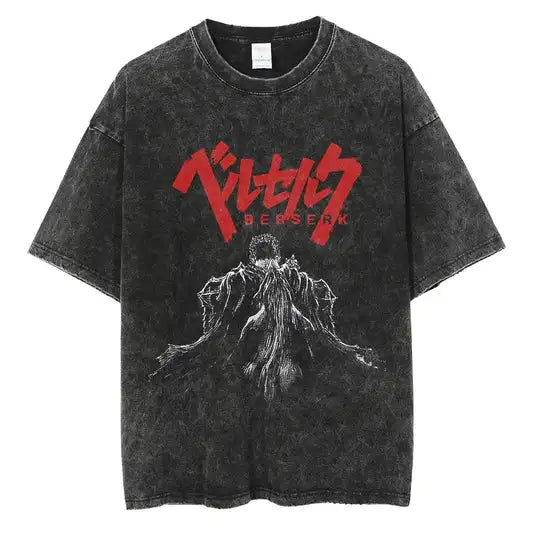 Japanese Anime Berserk Retro Washed T-shirt Men and Women New Summer Harajuku Clothing Casual Round Neck Short Sleeved Top