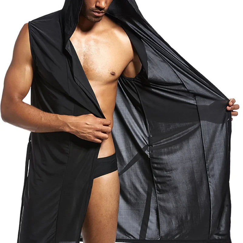 Men's Home Bathrobe Sleeveless Silky Smooth Soft Hooded Sleeping Robe Pajama Comfortable Ultra-thin Lingerie Loose Bathing Suits