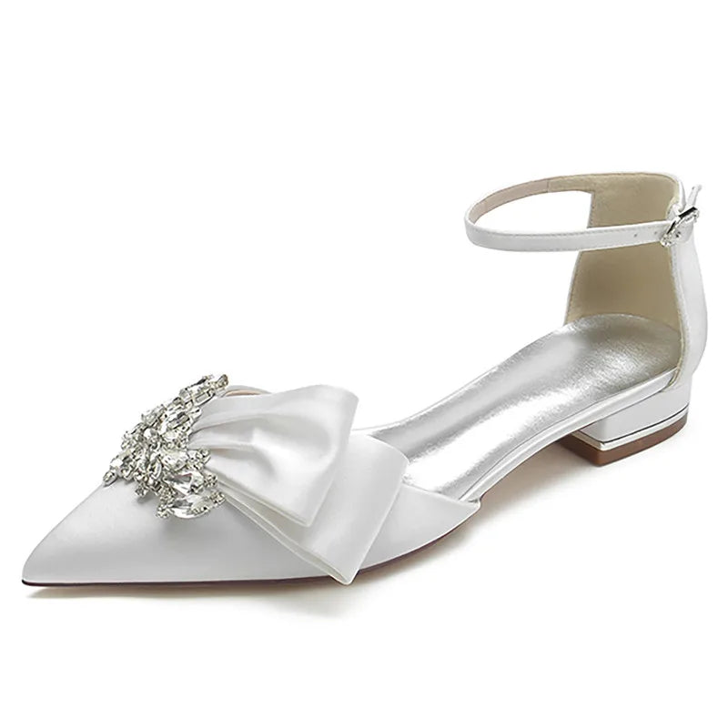 Satin Rhinestones Wedding Flats Shoes Pointed Toe Ankle Buckle Strap Women Flat Sandals for Bridesmaids/Prom/Evening