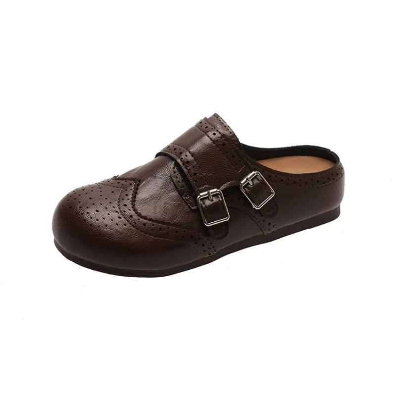 Women Retro Brogue Mule Clogs Round Toe Hollow‑Out Double Buckle Smooth Faux Leather Flat Slippers Spring Autumn Walking Shoes