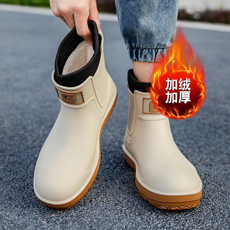 Men's Short-Tube Non-Slip Rain Boots Fashionable Low-Top Water Shoes, Pvc One-Time Molded Rain Boots, Pastoral Labor Waterproof