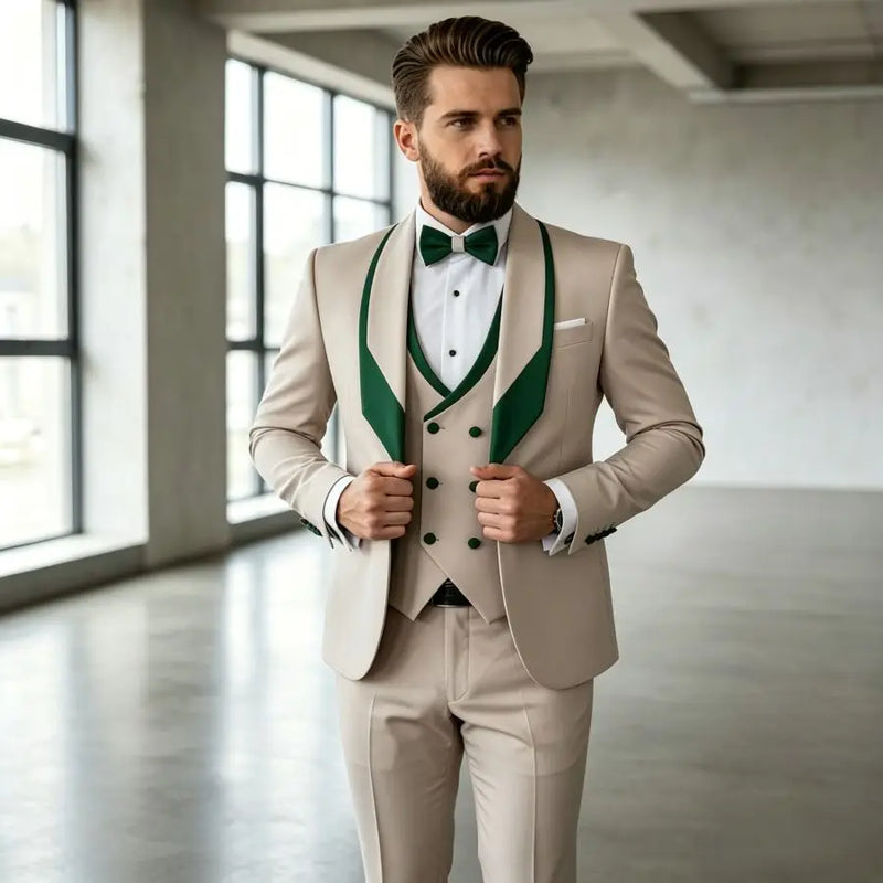 3 Pieces Men's Slim Fit Wedding Tuxedo Beige Groom Prom Dinner Blazer Vest Pants Set Classic Business Formal Suit for Men